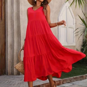 Xitlali | Robe Longue Décontractée Sans Manches à Col en V et Ourlet Volanté pour Femme