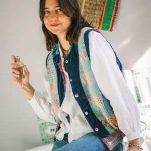 L'ÃŽLE BLEUE - Gilet Kantha Velours Bleu